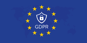 a blue background with yellow stars and a shield with a padlock on it
