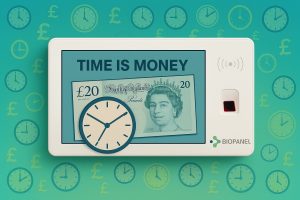 a white electronic device with a clock on the screen