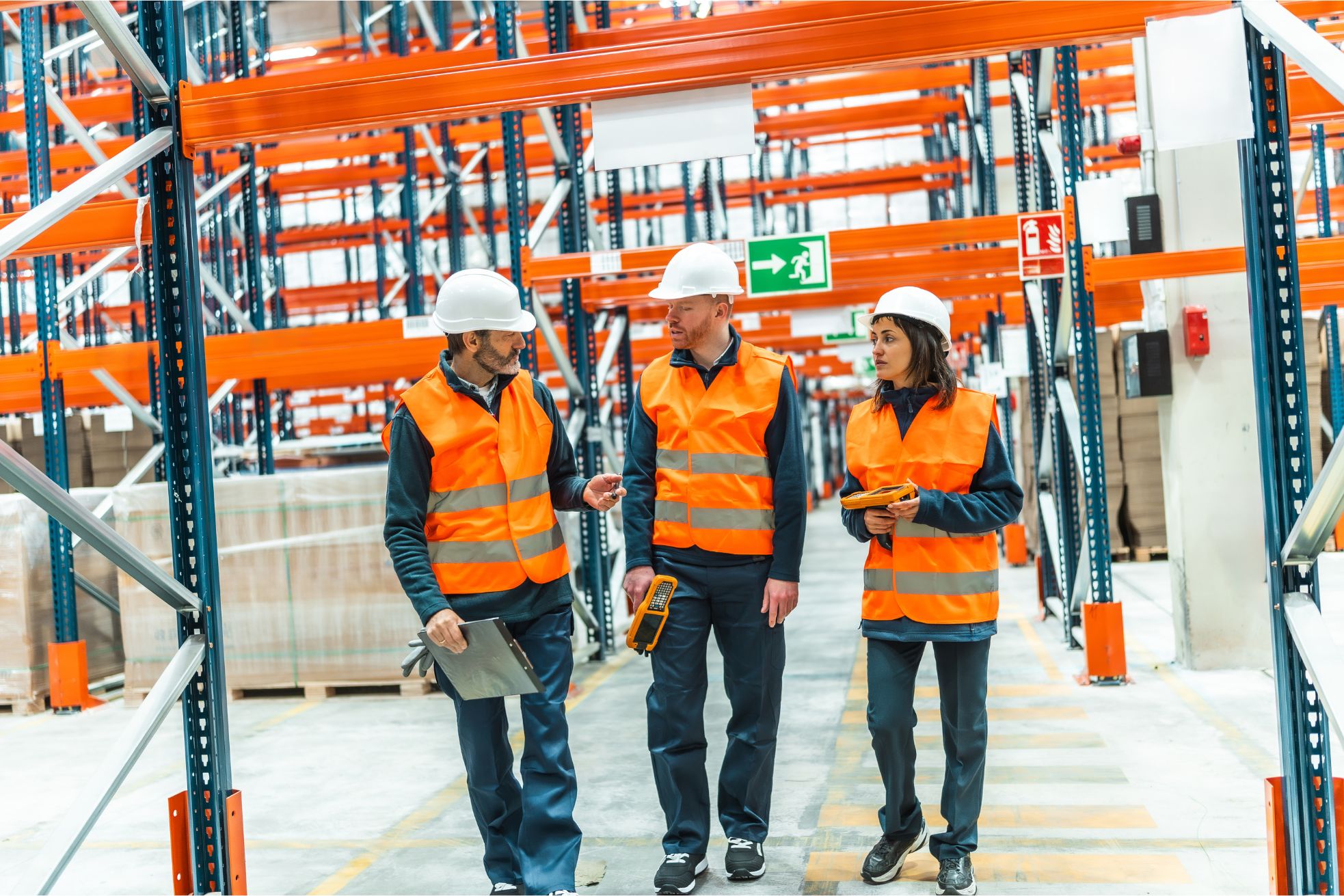 a group of people in orange vests and helmets
